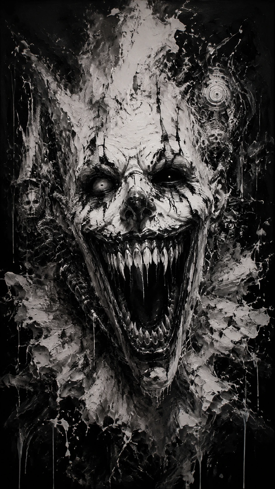 Grotesque demonic clown face in swirling white paint
