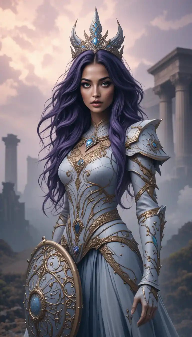 Regal purple haired warrior woman in ornate fantasy armor