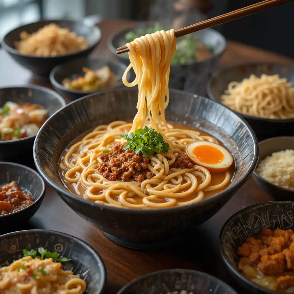 Luxurious ramen bowl with Korean side dishes on table