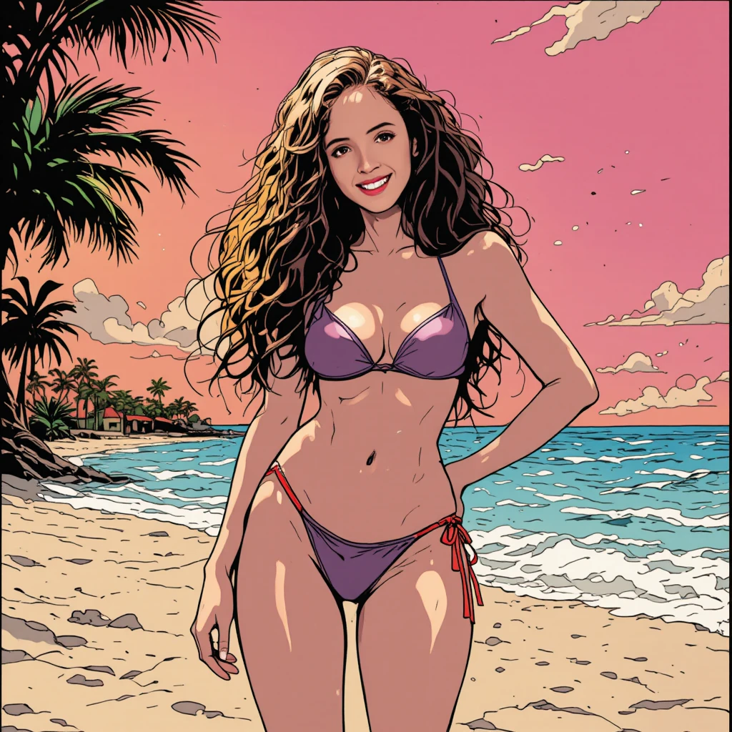 Curvy woman posing in bikini on sunny beach in comic style