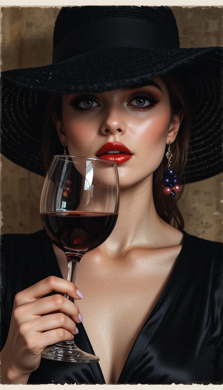 Mulher misteriosa de chapéu preto com taça de vinho tinto