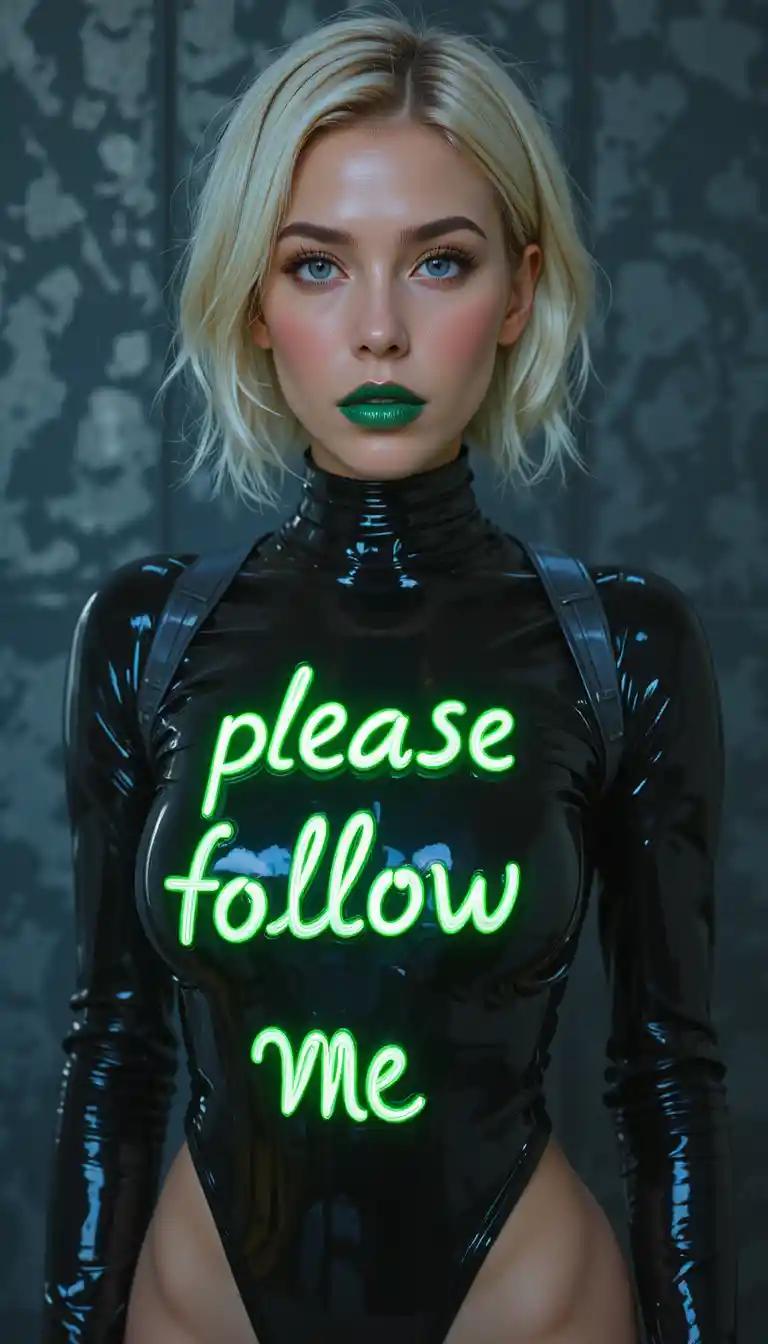 Young woman in black latex catsuit with neon green text