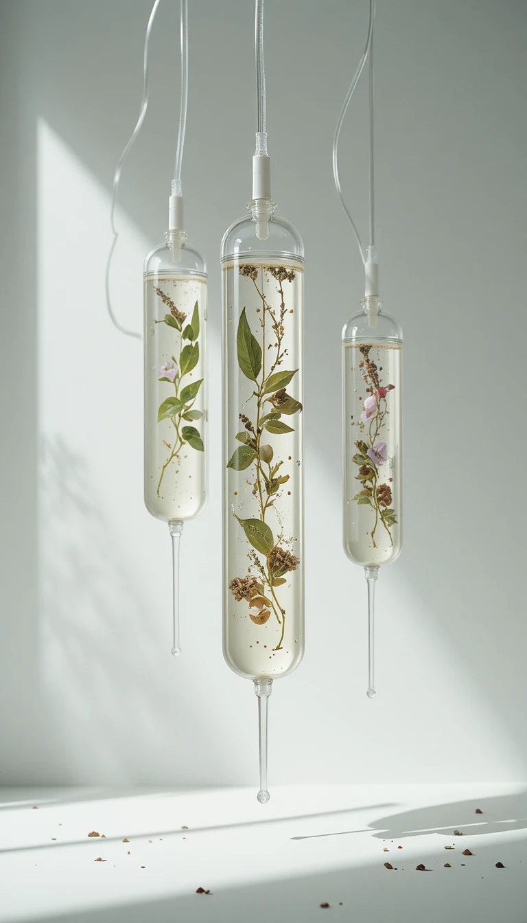 Soro intravenoso minimalista com ingredientes botânicos para skincare em fundo branco