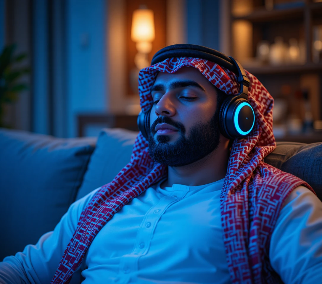 Middle Eastern man relaxing with headphones at night