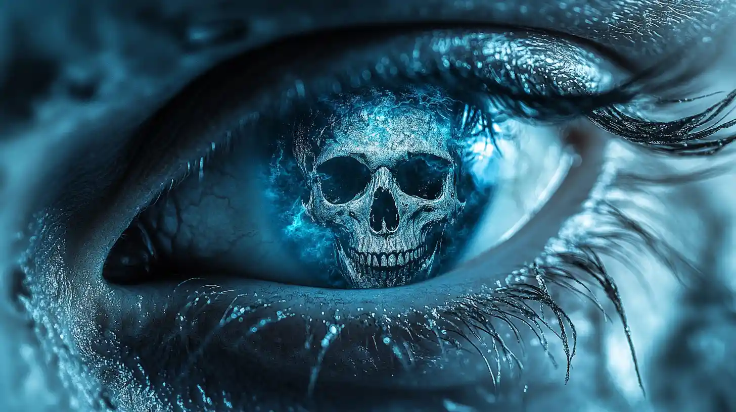 Macro human eye with skull shaped iris and pirate motif