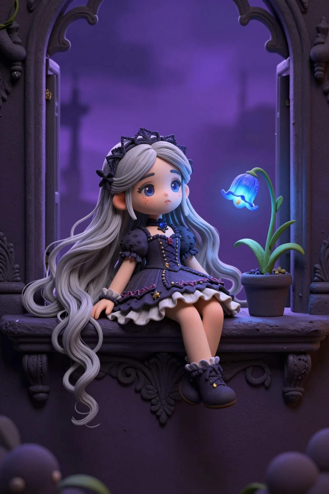 Cute 3D anime girl on gothic window with bluebell