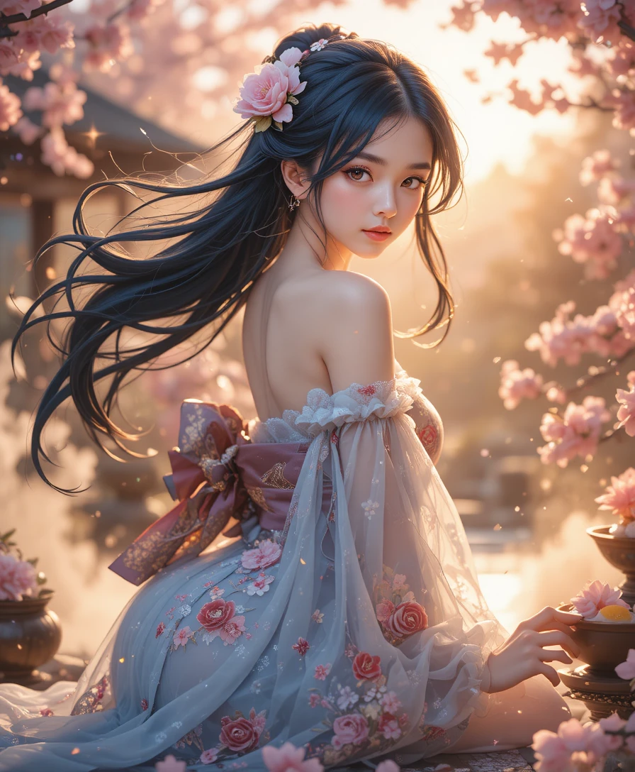 Anime woman in kimono amid golden sparkling sakura garden