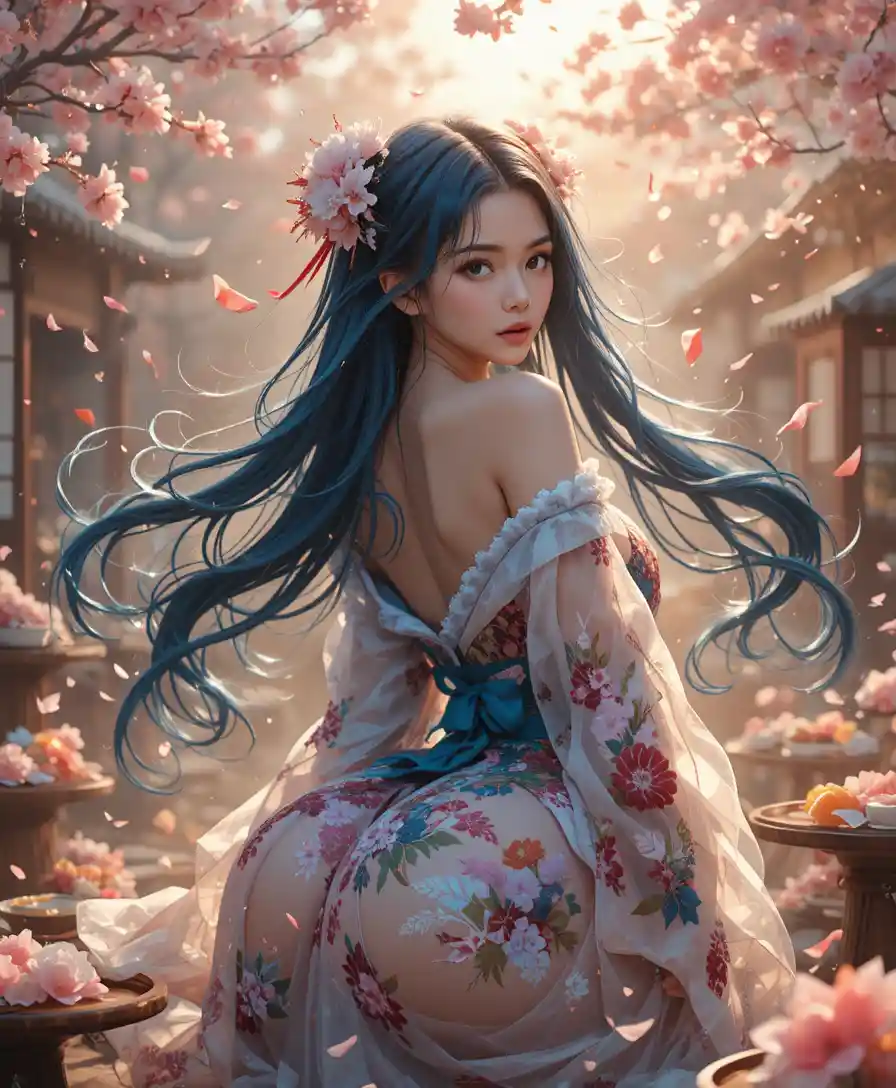 Anime woman in kimono amid golden particles and blossoms
