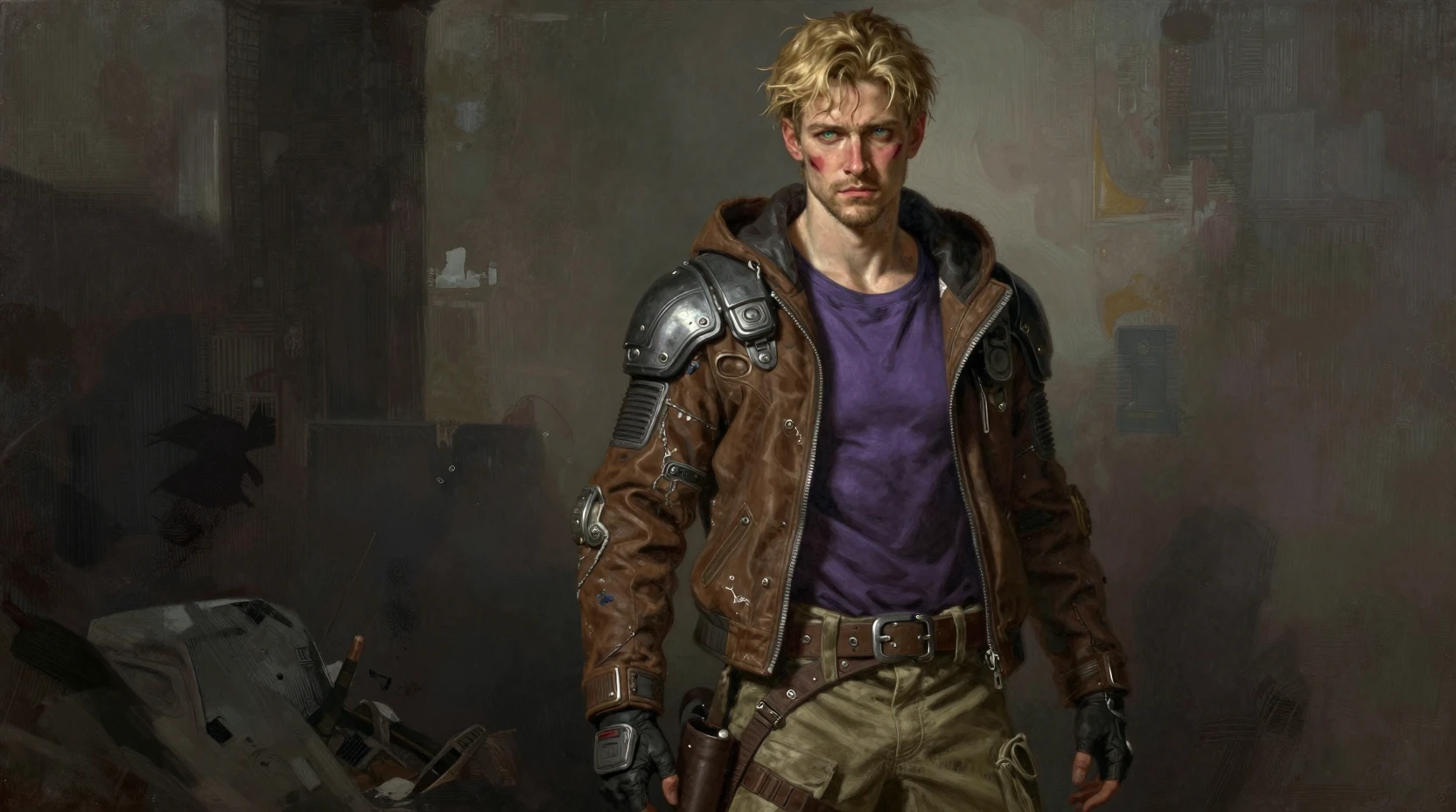 Young space warrior in a gritty urban alleyway