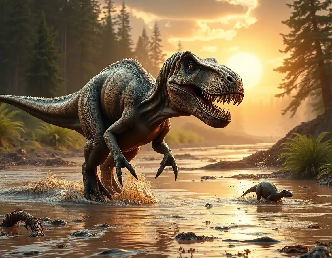 Tyrannosaurus rex charging across a muddy floodplain
