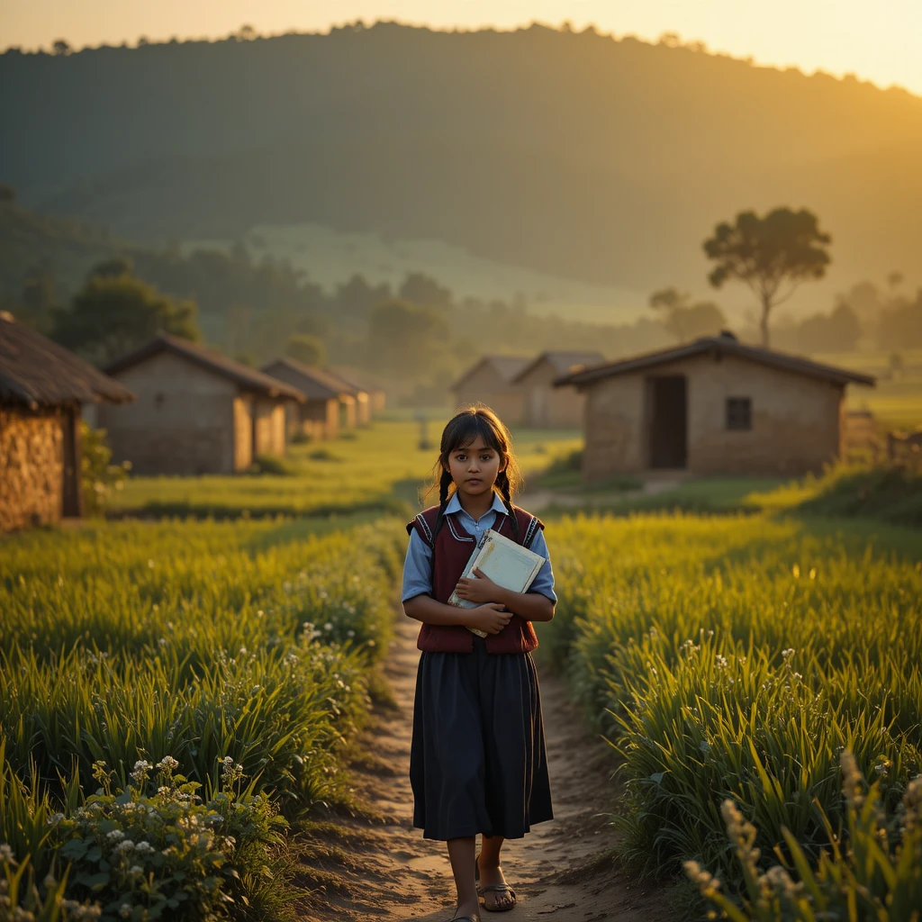 Village schoolgirl walking through fields at sunrise