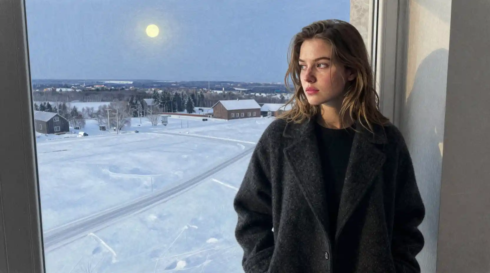 Young woman by a window overlooking a frozen landscape