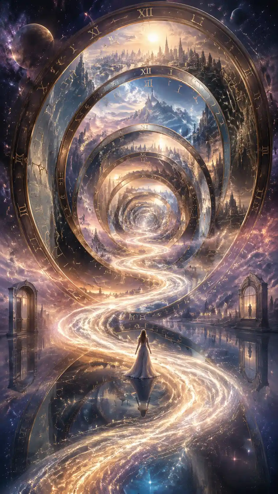Glowing river looping through surreal rings of time