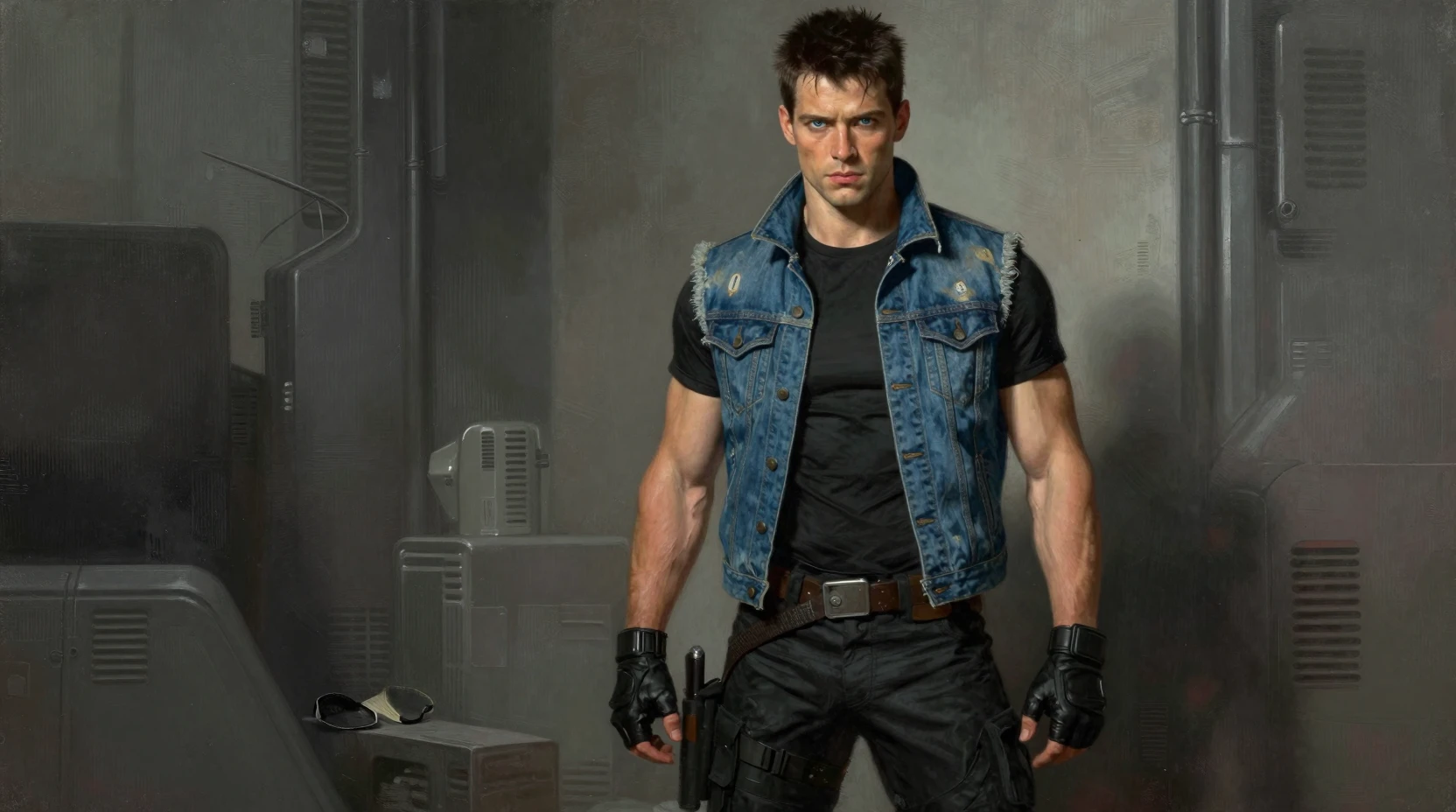 Sci fi hero in denim vest in gritty futuristic city