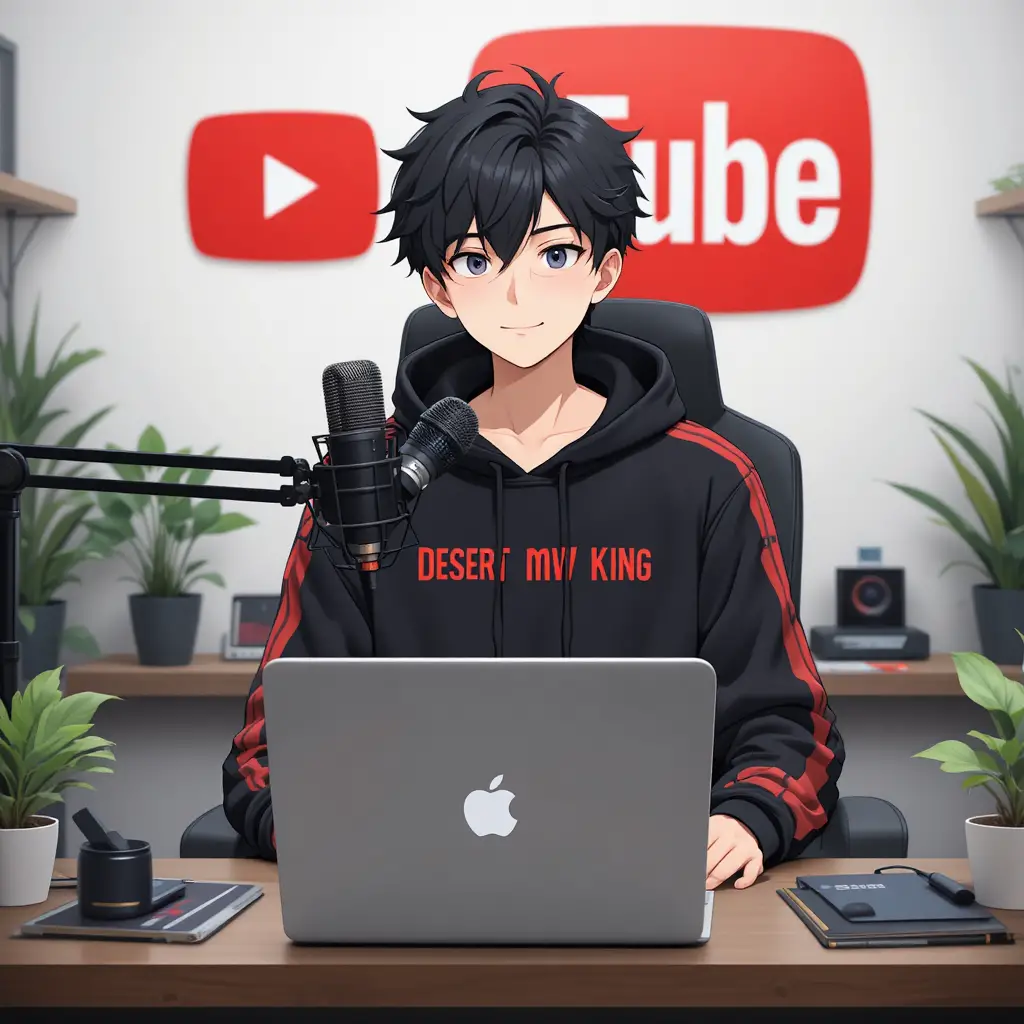 Anime boy streaming at a desk with microphone and laptop