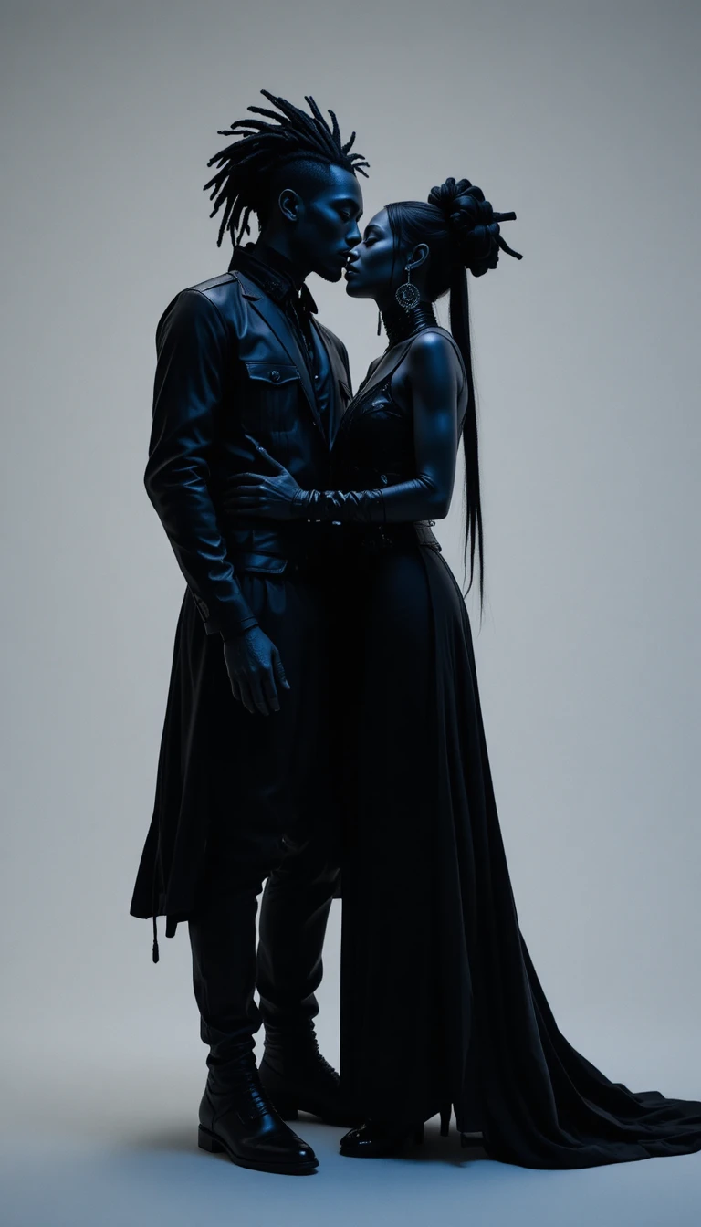 Futuristic black couple in blue lit fashion studio embrace