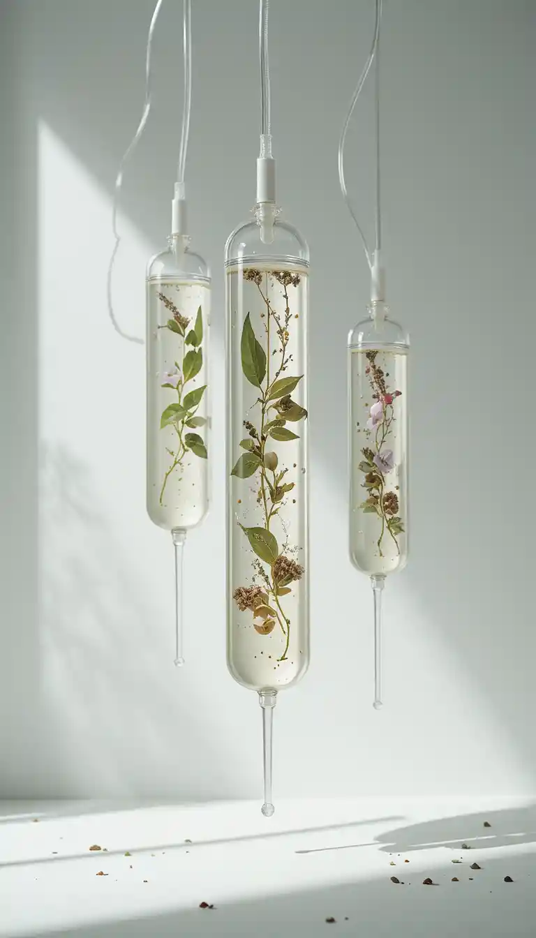 Minimalist IV drip with botanical skincare ingredients on white