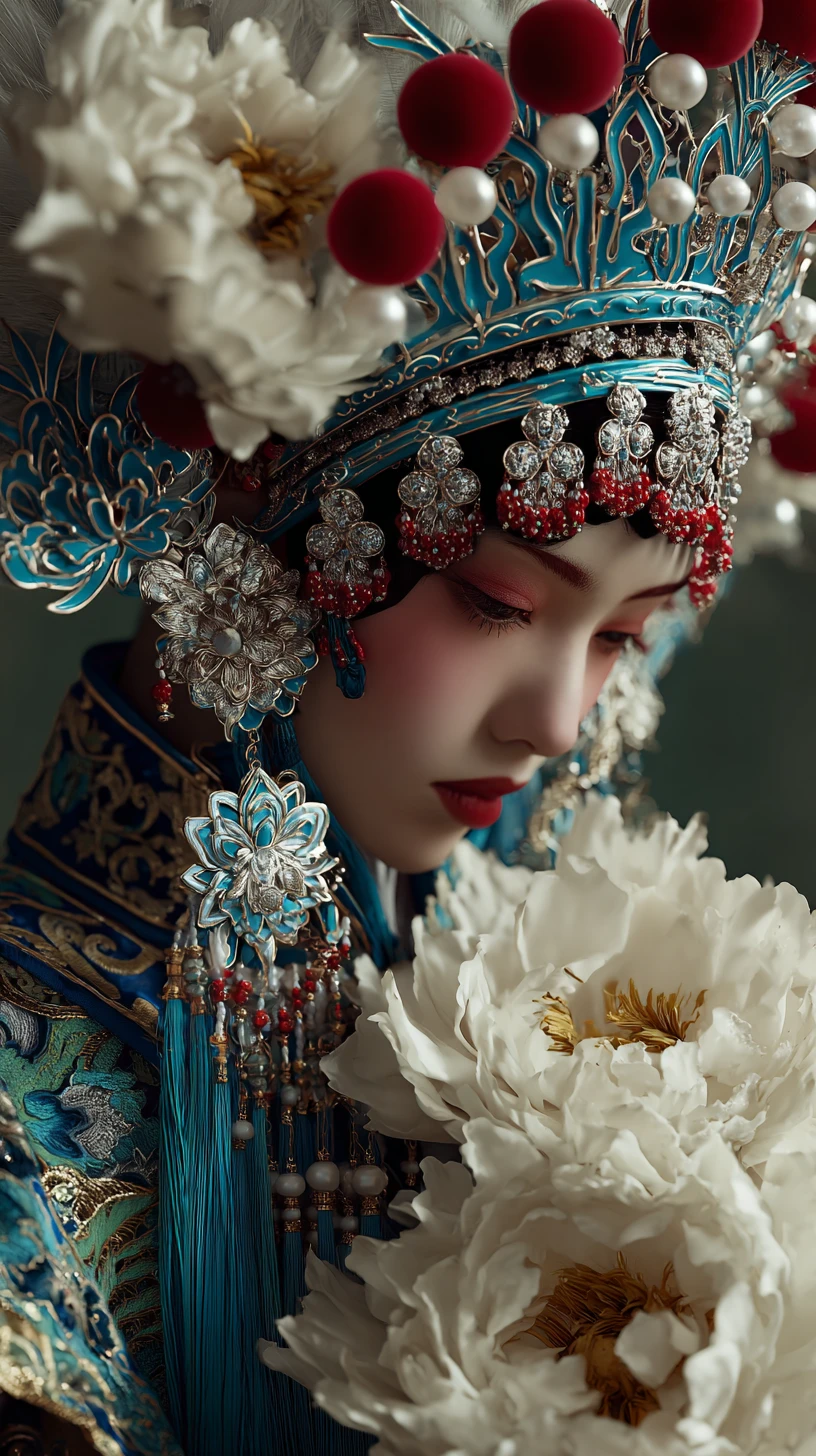 Mujer regia con elaborado traje de ópera de Pekín y flores