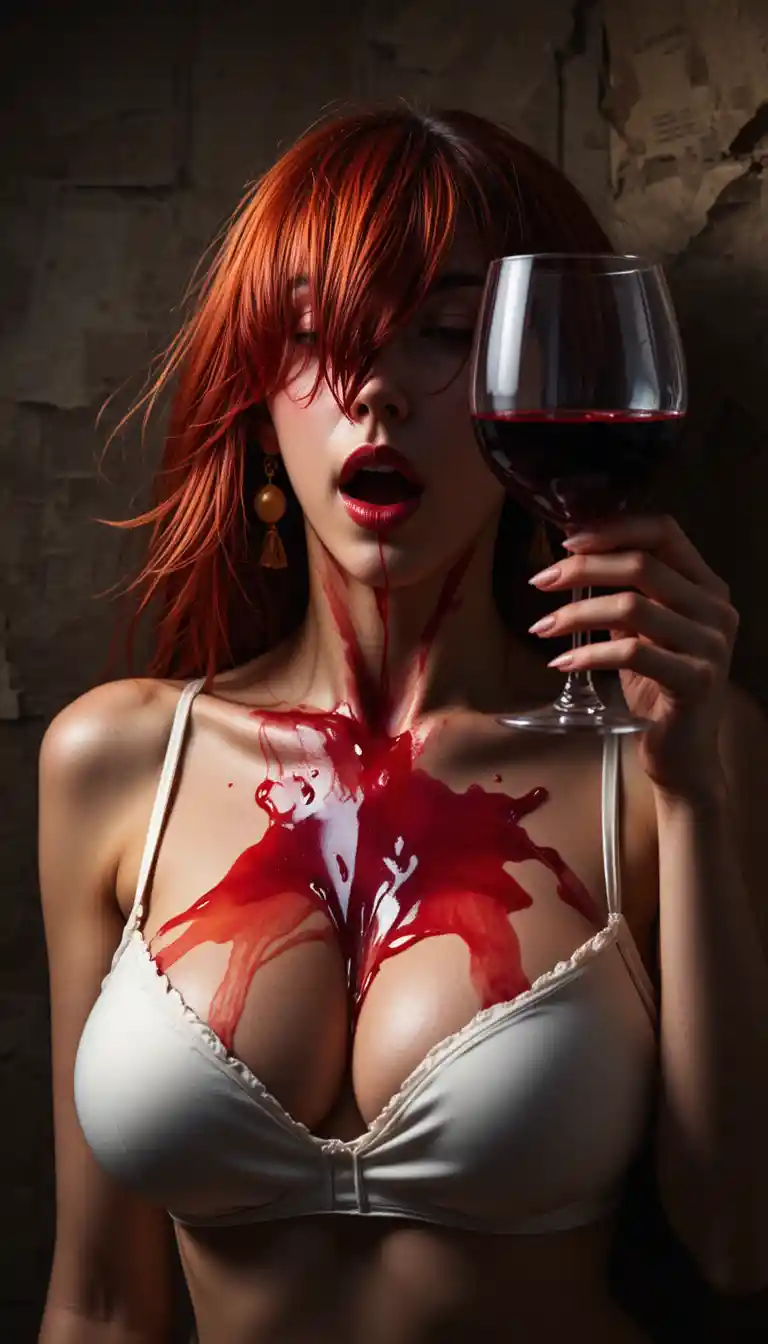Sensual red haired woman pouring red wine over white bra