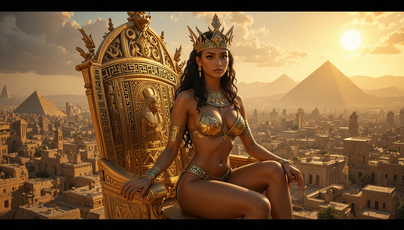 Egyptian queen on golden throne above ancient city