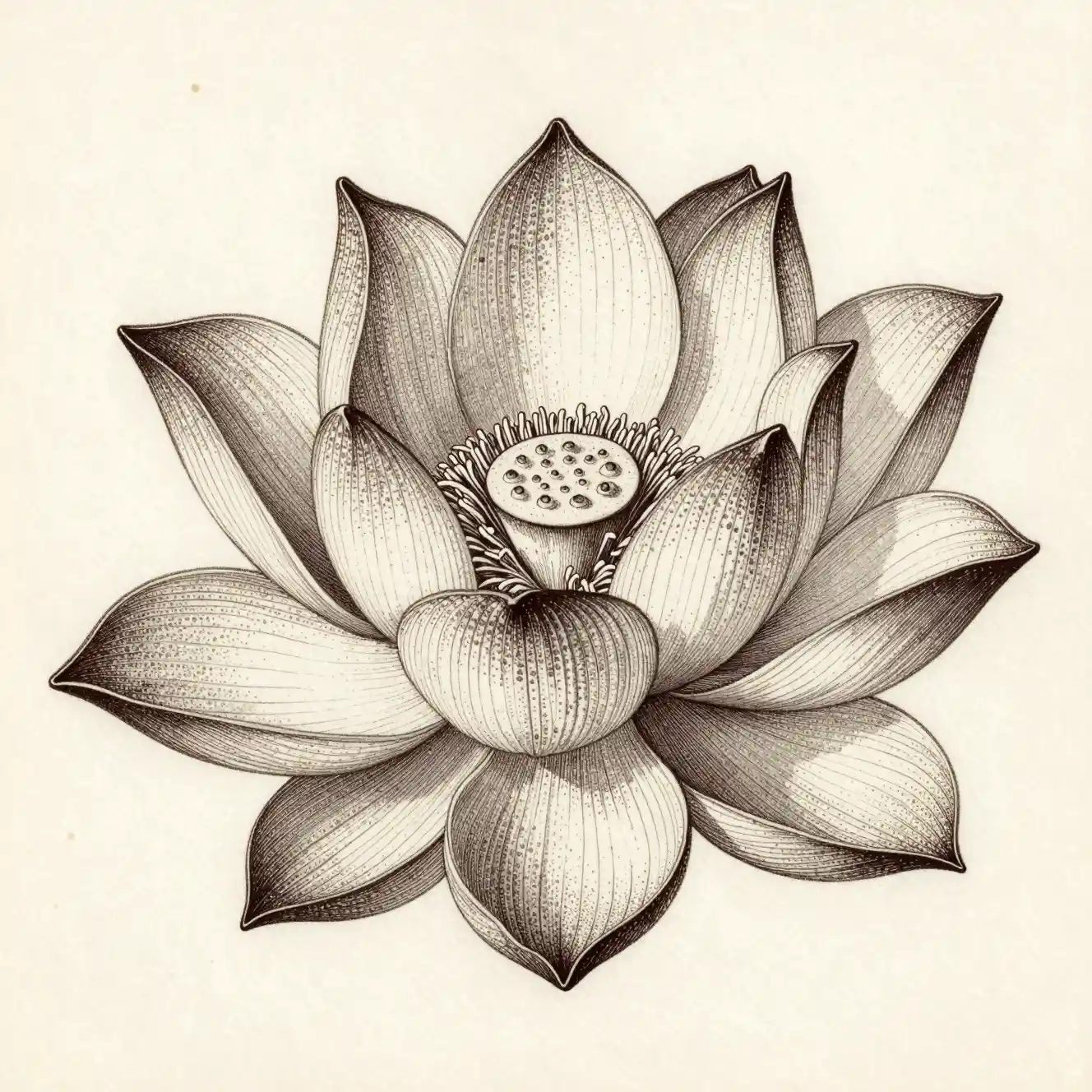 Stippling Illustration Of A Single Lotus On Aged Paper