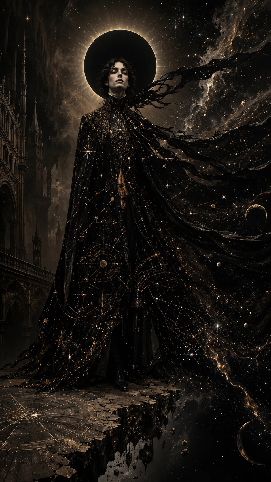 Androgynous victorian figure draped in cosmic star filled garment