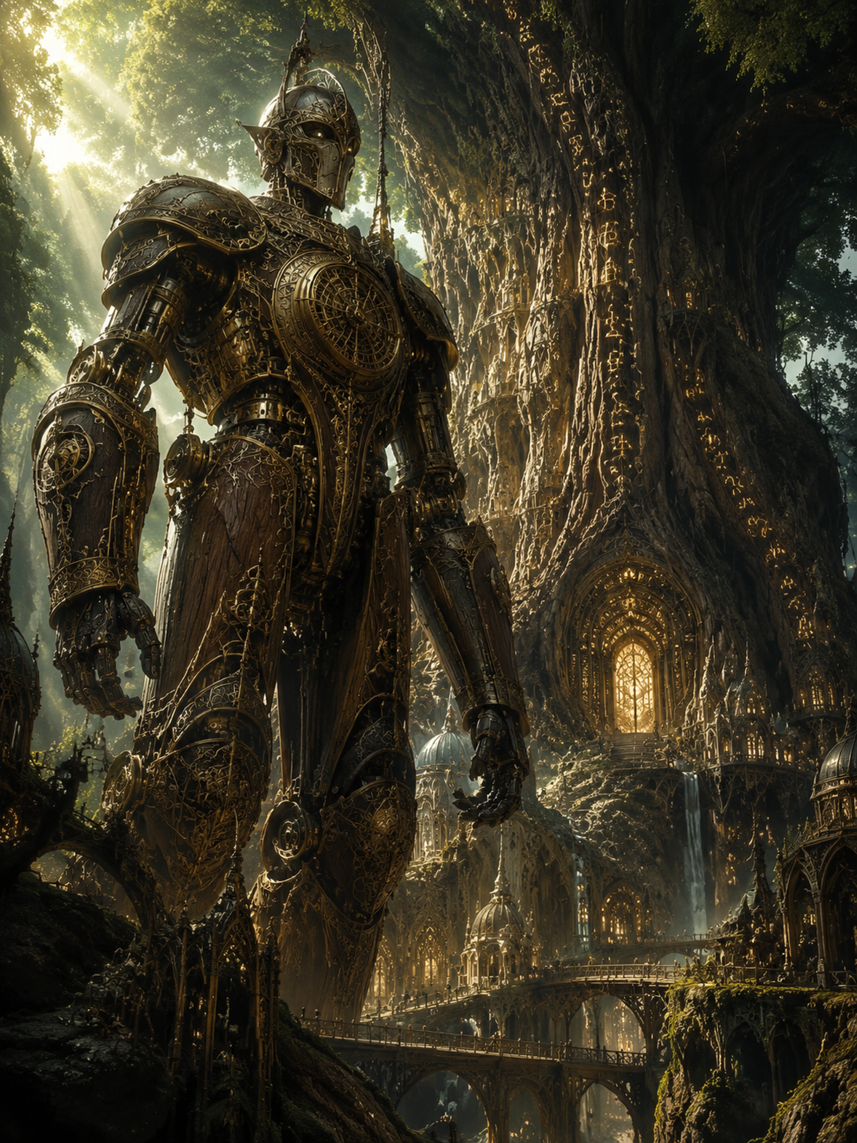 Steampunk automaton guarding an elven city in a giant tree