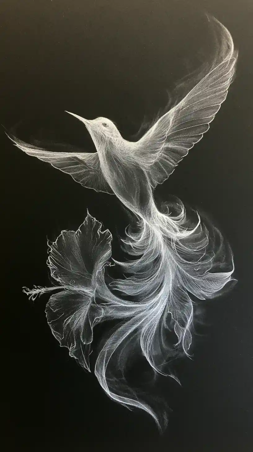 Minimalist white charcoal hummingbird above hibiscus flower