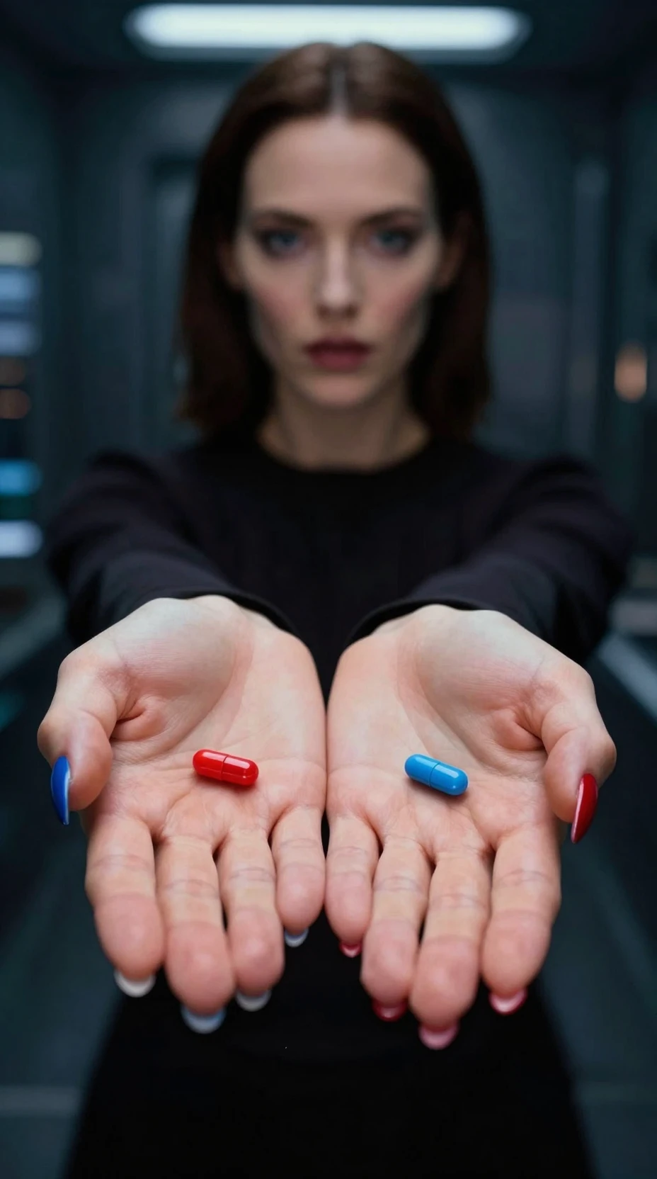 Woman offering red and blue pills with dramatic manicured hands