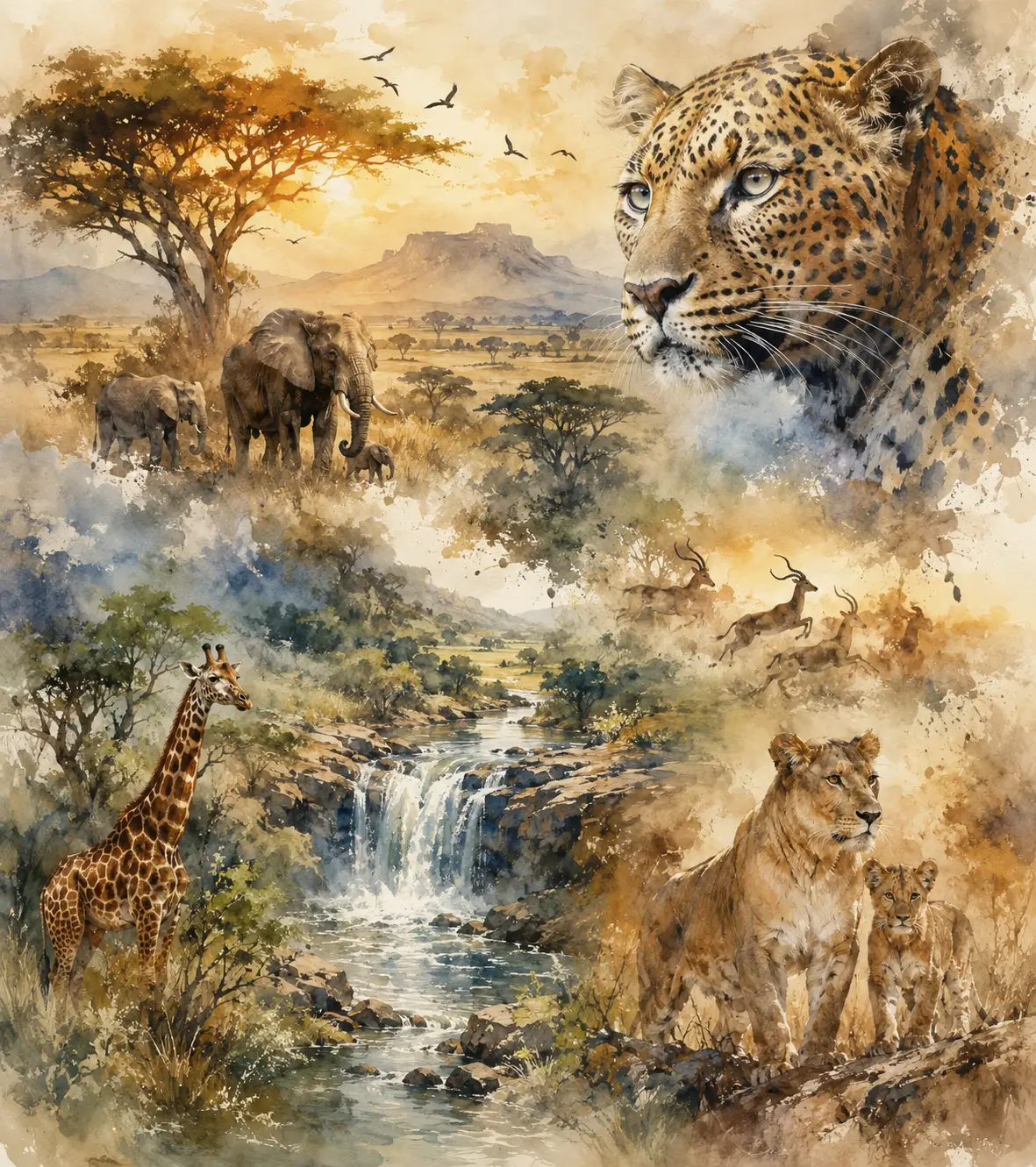 African savanna stream with leopard in watercolor art