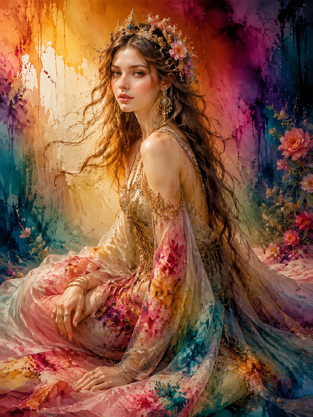 Retrato de princesa antigua con sedas florales ondulantes