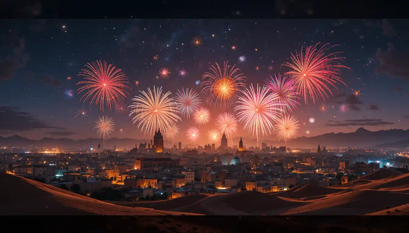 Festive Marrakesh skyline with fireworks over desert night