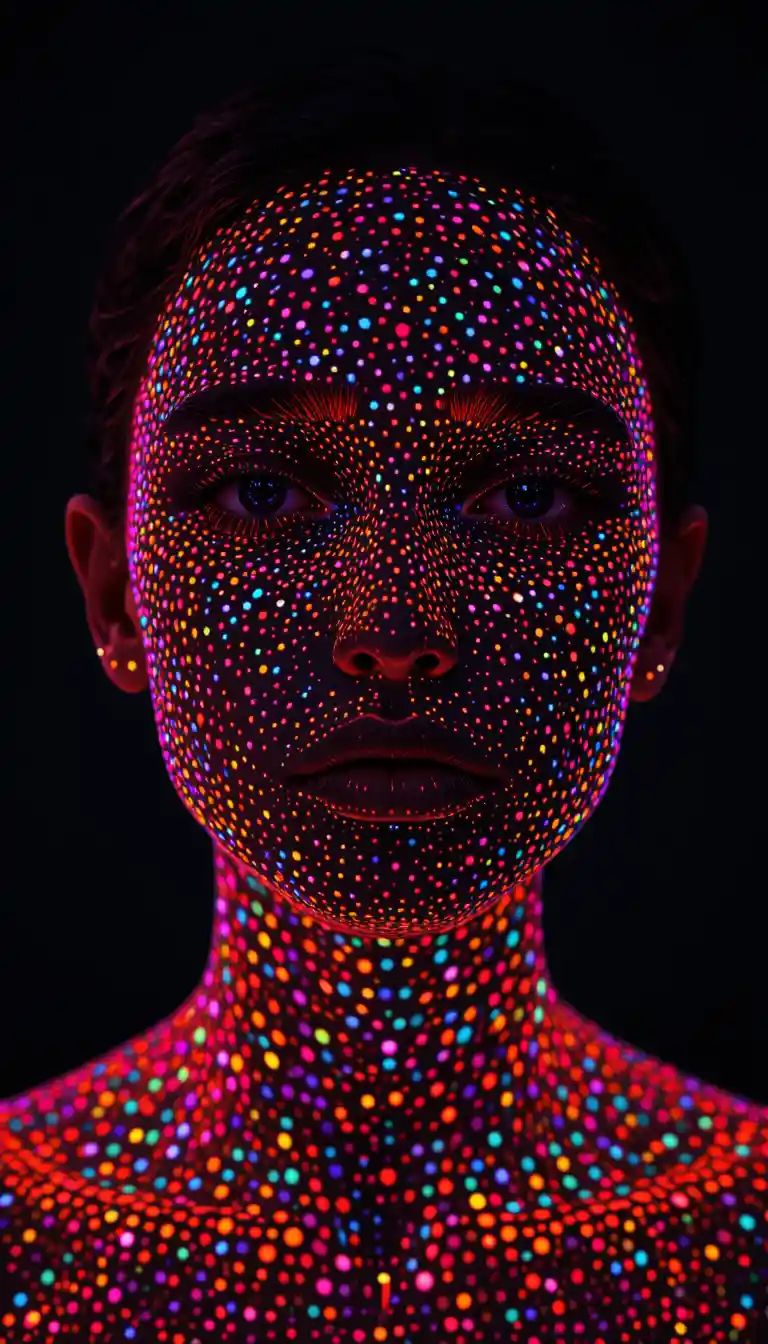 Porträt einer Frau mit Neon-Punkt-Bodyart in der Dunkelheit