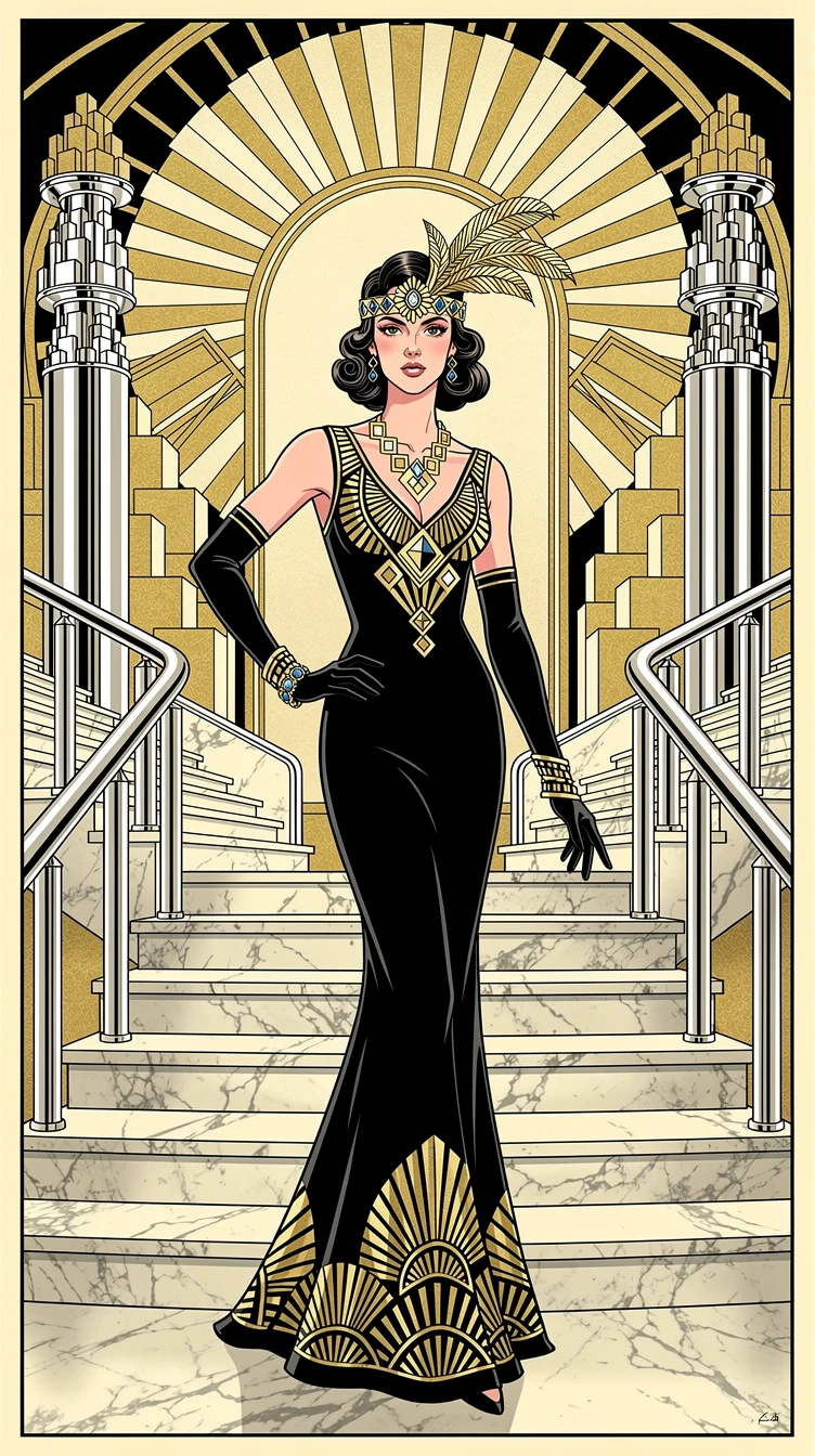 Art Deco fashion woman on marble staircase in black gown