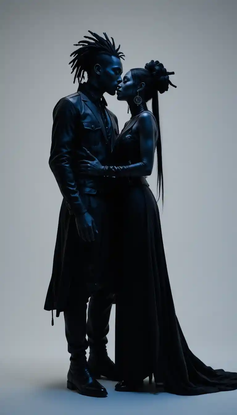 Futuristic black couple in blue lit fashion studio embrace
