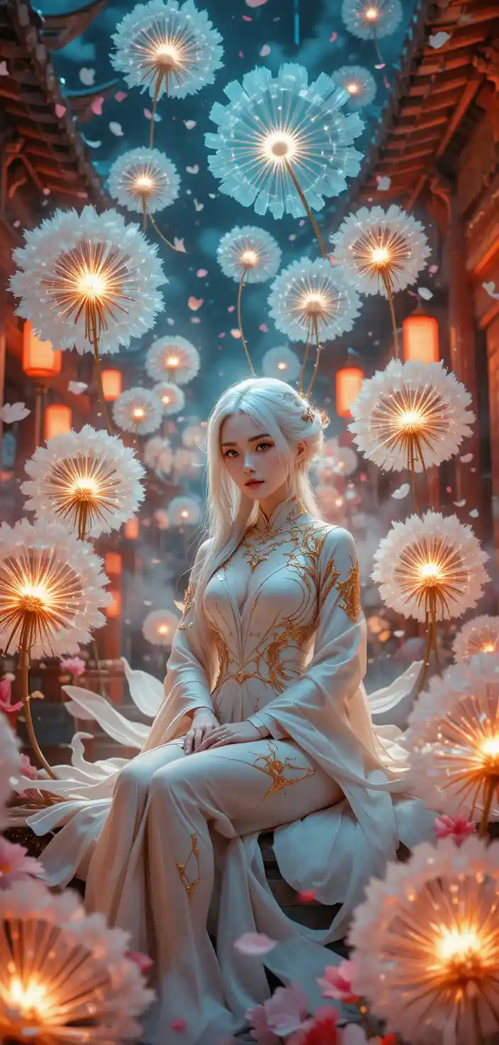 White haired anime girl with glowing dandelions at night festival
