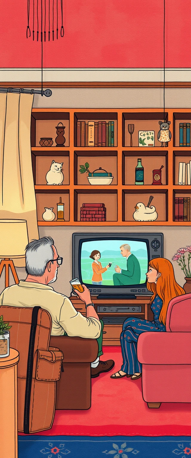 Colorful hand drawn cat character in a cozy living room
