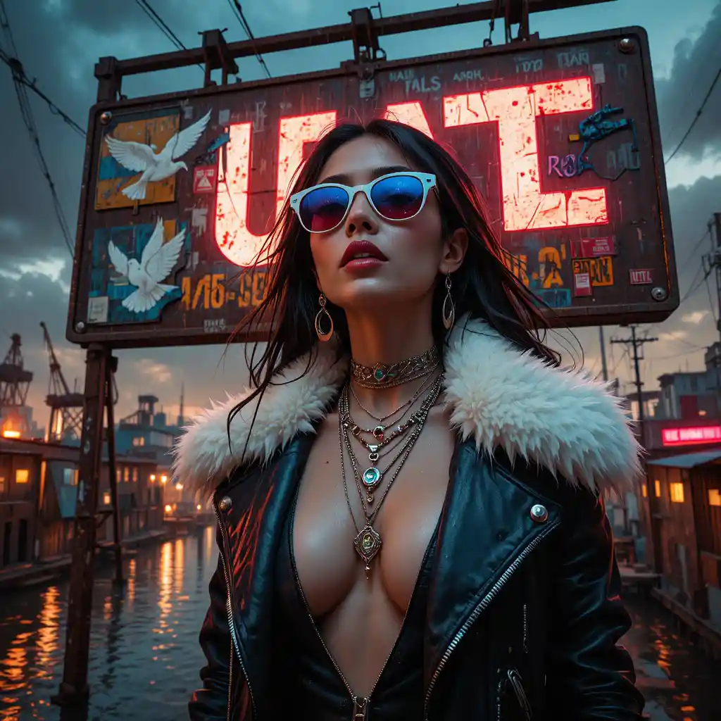 Cyberpunk femme fatale mural above flooded industrial streets