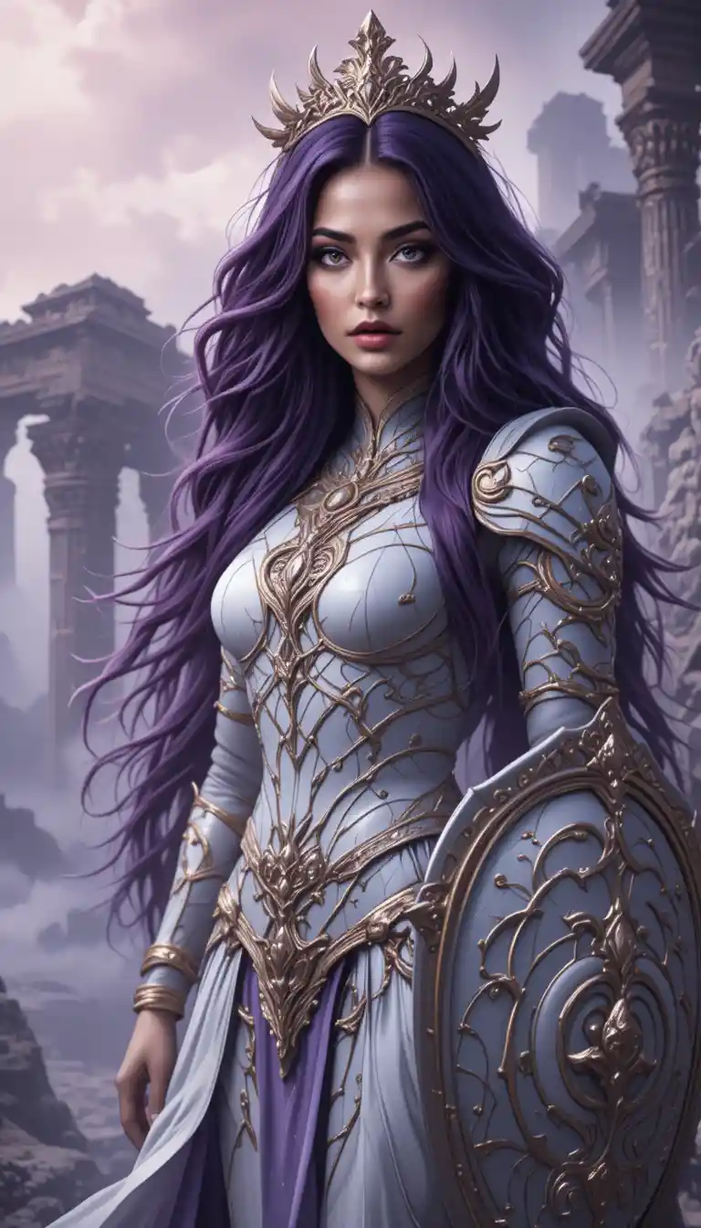 Armored purple haired warrior woman before misty ancient temple