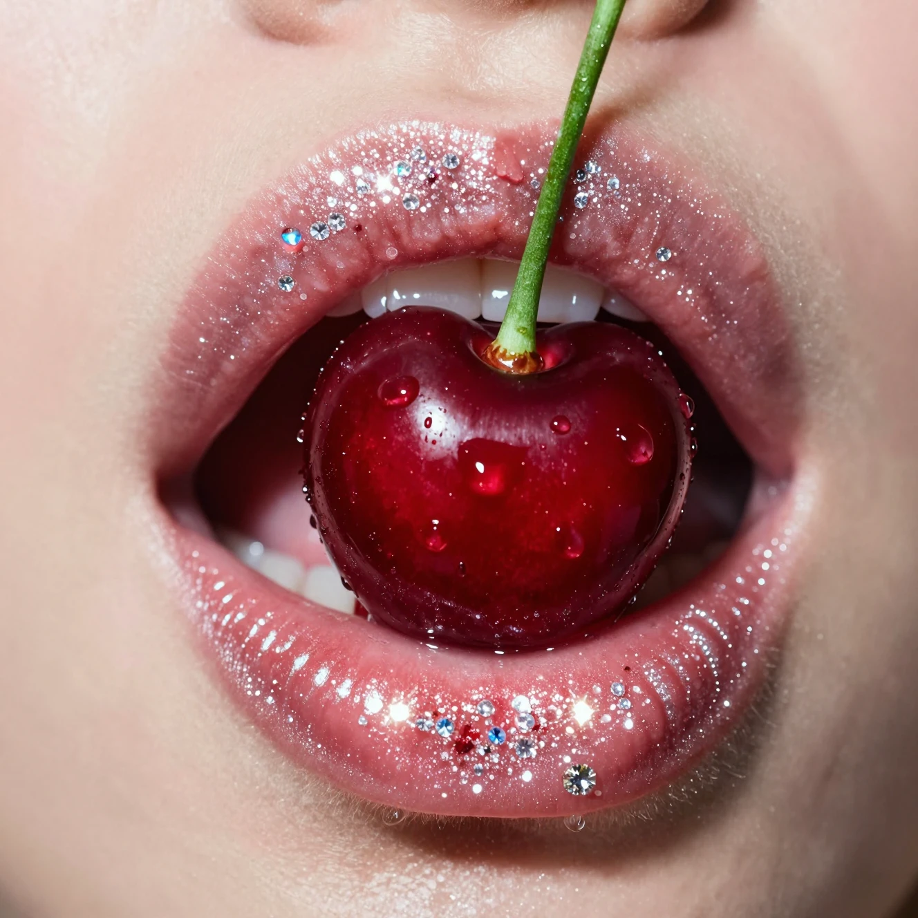 Wet cherry between glossy glittering lips in close up