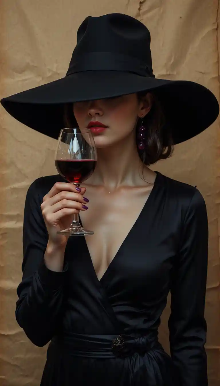 검은 모자와 레드 와인 잔을 든 신비로운 여인