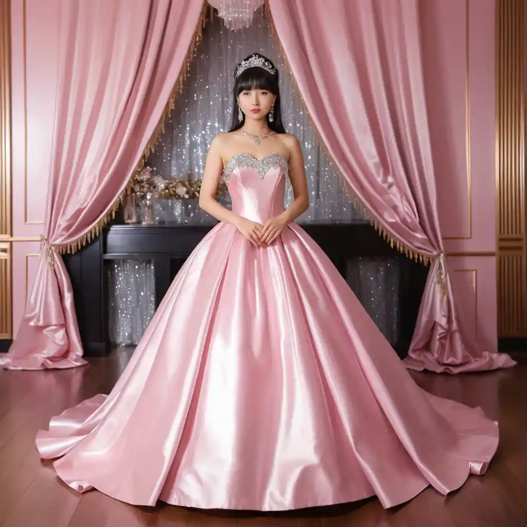 Elegant Japanese girl in pink satin ballgown