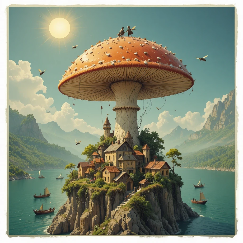Glowing orange rays falling from a giant cliffside mushroom