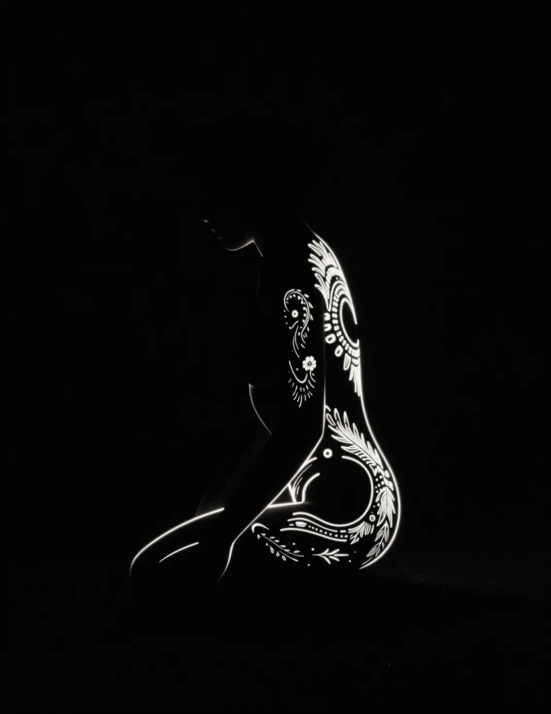 Glowing creature outlined by luminous patterns in darkness
