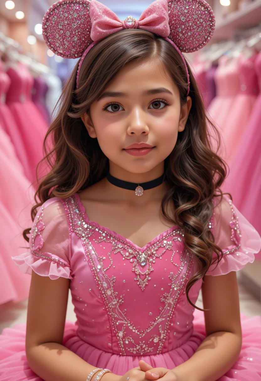 Young girl in pink Minnie dress in boutique shop