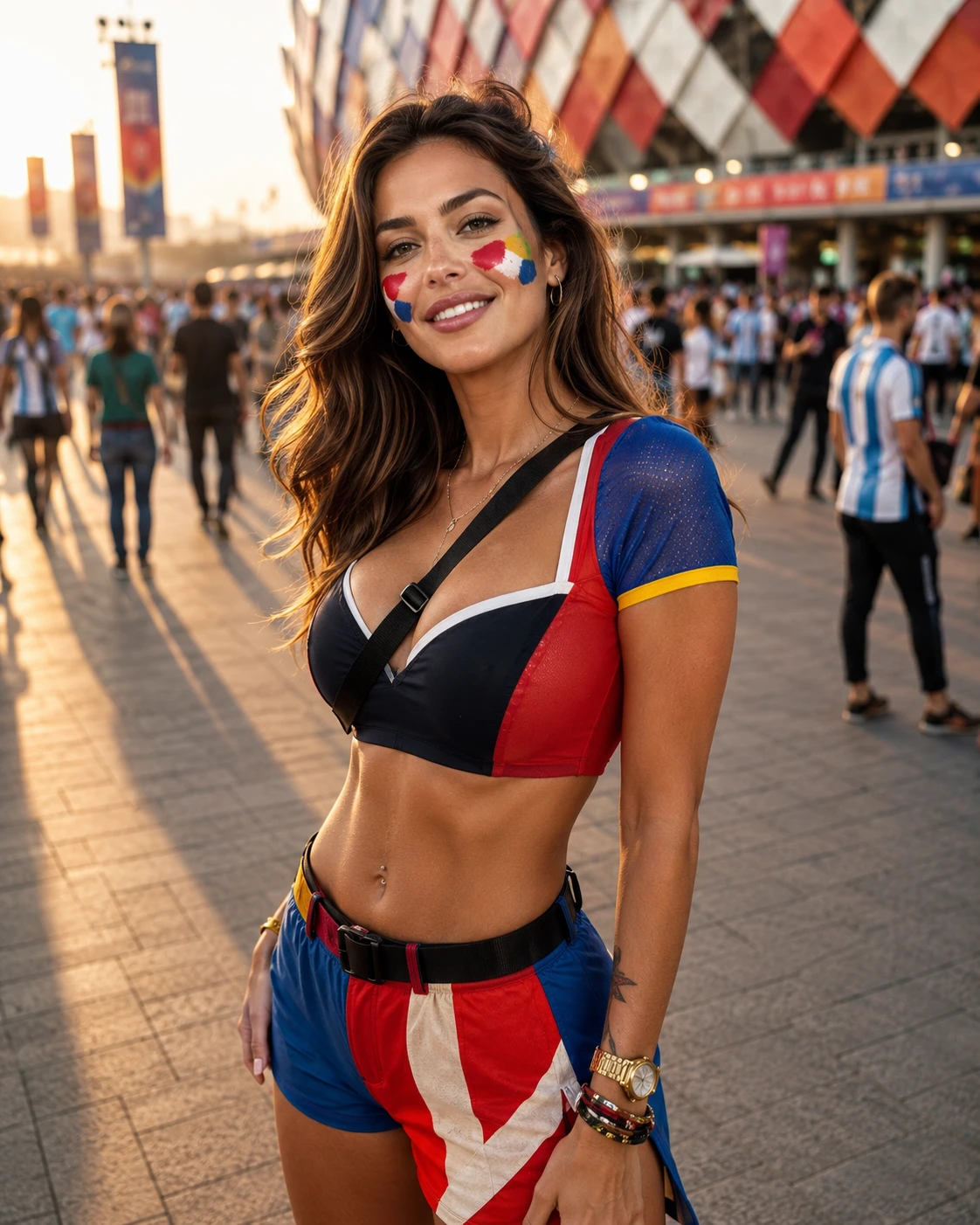 Confident female football fan outside crowded stadium at sunset
