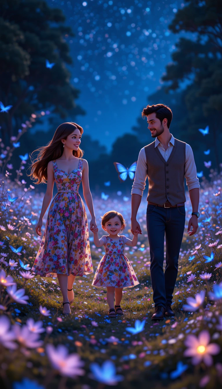 Family walking through glowing flowers on a magical night