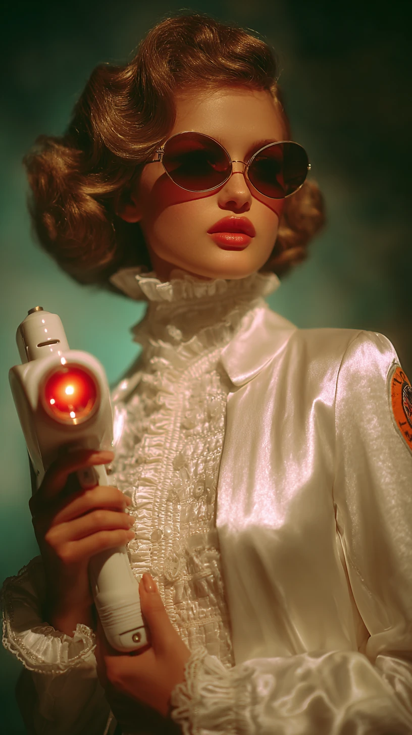Retro sci fi portrait of woman with tinted sunglasses