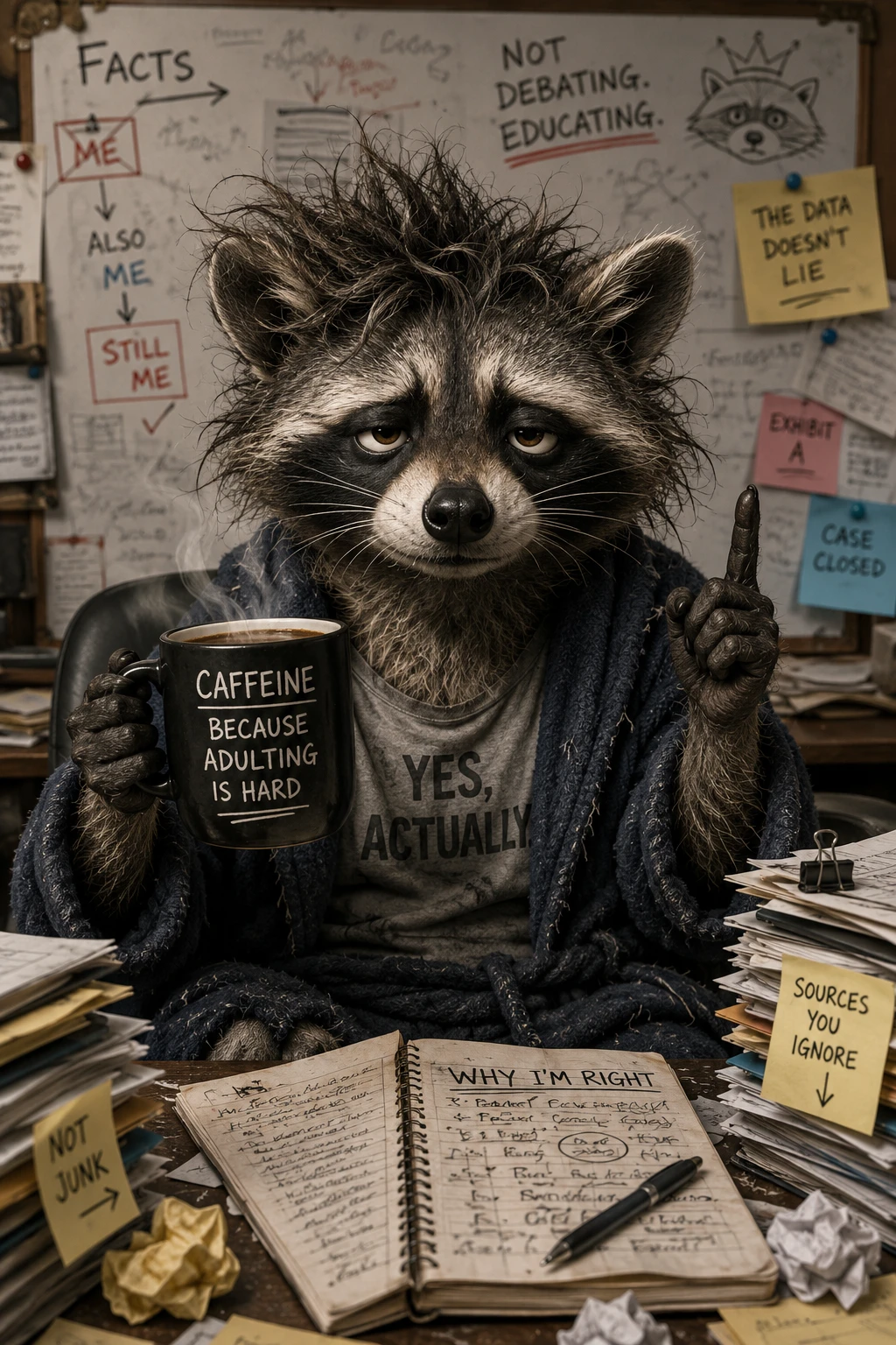 Frazzled raccoon with coffee and a tired deadpan stare