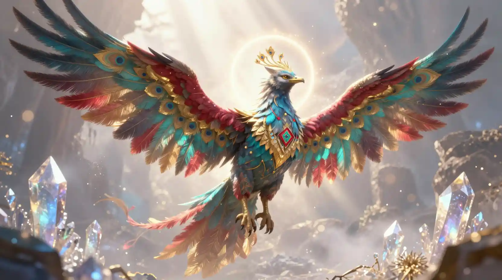 Majestic fantasy bird landing in a glowing crystal valley